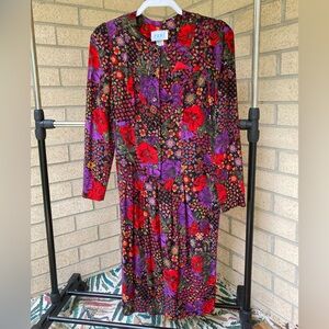 Vintage Peri Petites Floral Paisley Print 80s 90s Black Button Front Dress